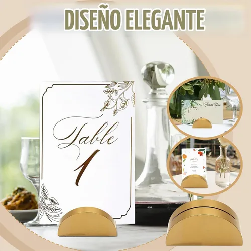 Vista 4 de 24 soportes grandes para números de mesa de 2.3 pulgadas, base semicircular de madera dorada para mesa, para bodas, menú de restaurante, fotos