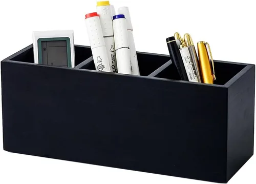 Vista 5 de Soporte para lápices de madera para escritorio, soporte para control remoto, organizador de almacenamiento de escritorio con 3 compartimentos Acacia