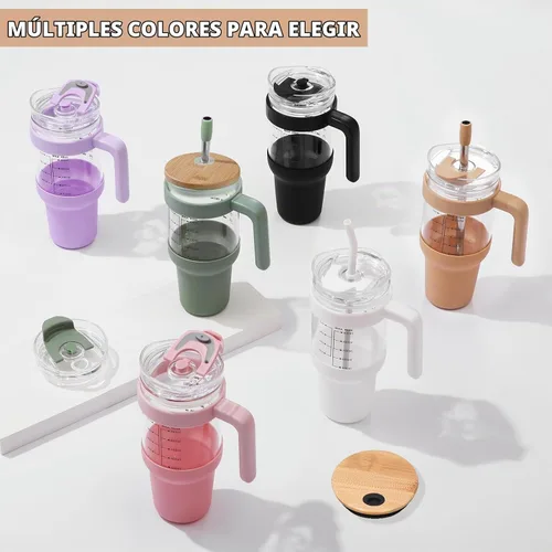 Vista 7 de Chunmo Vaso de vidrio de 40 onzas con 2 tapas, tapa de popote de bambú y tapa de popote 2 en 1, taza de café helado con asa, botella de agua de Ámbar