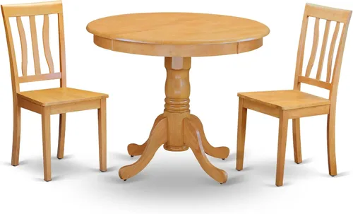 Vista 12 de East West Furniture ANTI3-BLK-W Juego de mesa y sillas de cocina de 3 piezas contiene una mesa de comedor redonda con pedestal y 2 sillas de asiento