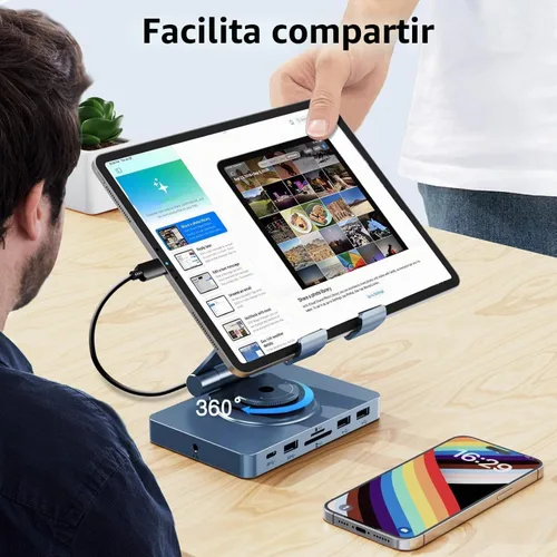 Vista 6 de Estación de acoplamiento USB C giratoria de 360° para iPad Pro, tableta, Samsung, Steam Deck, ROG Ally, Legion Go, Msi Claw, etc., 11 en 1 con Azul