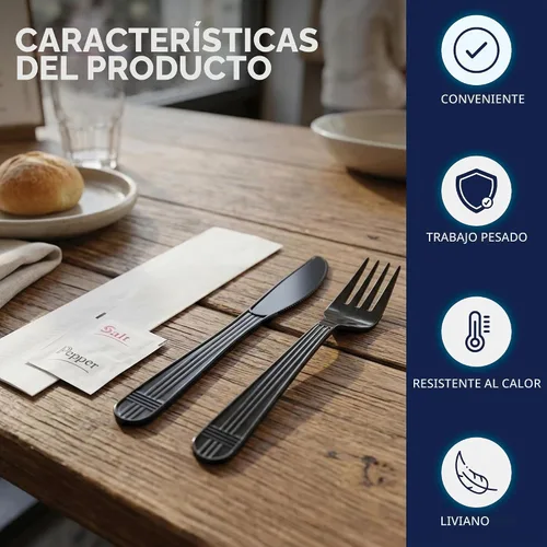 Vista 3 de Party Essentials Juego de utensilios de plástico negro envueltos individualmente/paquetes de cubiertos resistentes