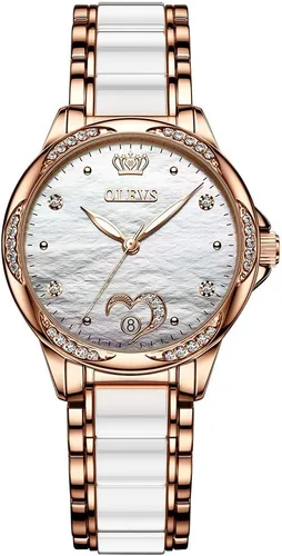 Vista 7 de OLEVS Reloj para mujer automático automático mecánico reloj de pulsera para mujer, cara grande, dos tonos, acero inoxidable, pulsera de cerámica