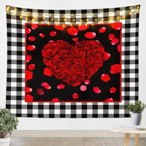 Vista 10 de Tapiz femenino de flores de rosas rojas, tapiz de pared para el día de San Valentín, decoración de habitación de niñas y mujeres, diseño de retazos