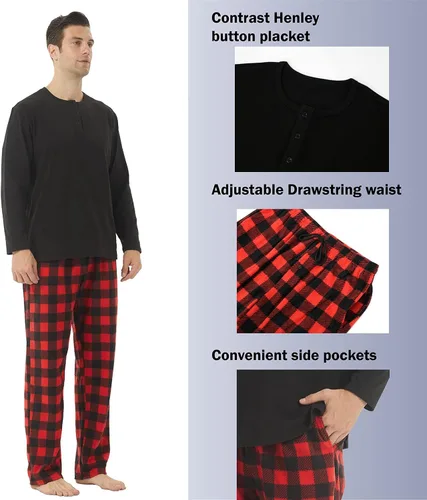 Vista 4 de YUSHOW Pijamas a juego para parejas, conjunto de pijama a cuadros para mujeres y hombres, camisa y pantalones de forro polar suave y cálido