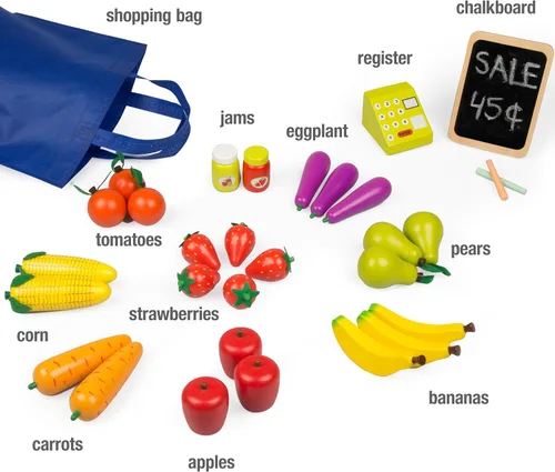 Vista 3 de Juguete de Puesto de Mercado de Agricultores de Madera - Más de 30 Piezas de Comida Incluyen Frutas, Verduras, Pizarra y Caja Registradora - Juego