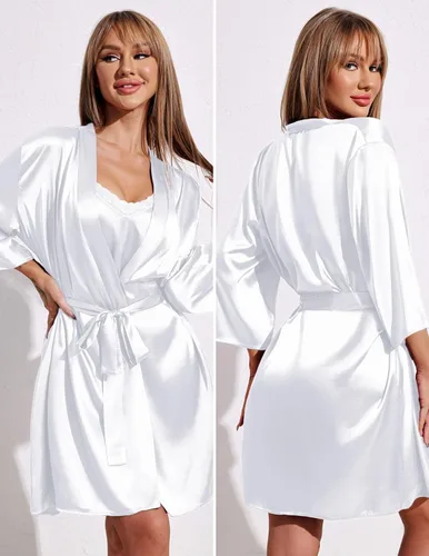 Vista 2 de Ekouaer Batas tipo kimono de satén para damas de honor, camisón de seda y batas de encaje con bata