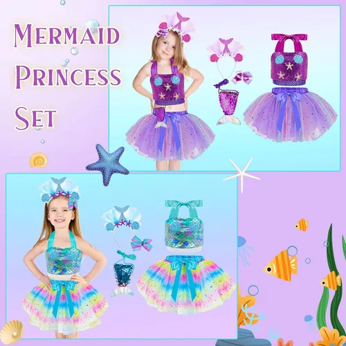 Vista 4 de Panitay Juego de disfraz de princesa de 33 piezas para niñas de 3 a 6 años, unicornio, hada, princesa sirena con accesorios, ropa de juego