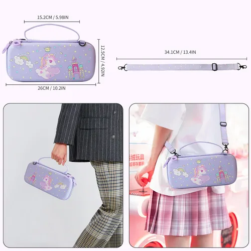 Vista 6 de Bolsa de viaje OLED para Nintendo Switch con 10 ranuras para tarjetas, funda de transporte anticaídas con cubierta rígida protectora de unicornio