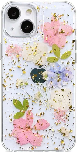 Vista 11 de Abbery Funda diseñada para iPhone 13 Pro con diseño de flores prensadas con purpurina y diseño de goma de silicona suave, diseño de flores reales