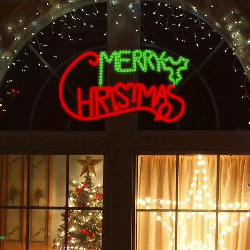 Vista 3 de LAMPHOME 630 LED grandes de 49 x 26 pulgadas, con motivo de neón de Feliz Navidad, superbrillante, verde y rojo, decoración de Navidad al aire libre