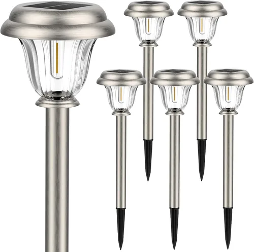 Vista 9 de DERAYSION Solar Lights Outdoor, 6 Pack Brushed Stainless Steel Glass Solar Pathway Lights, Auto On/Off Long-Lasting Outdoor Solar Lights for Garden