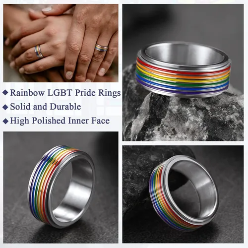 Vista 5 de FaithHeart Anillos para ansiedad LGBT Pride Rainbow, acero inoxidablechapado en oro de 18 quilates, joyería de amor es amor para hombres y mujeres