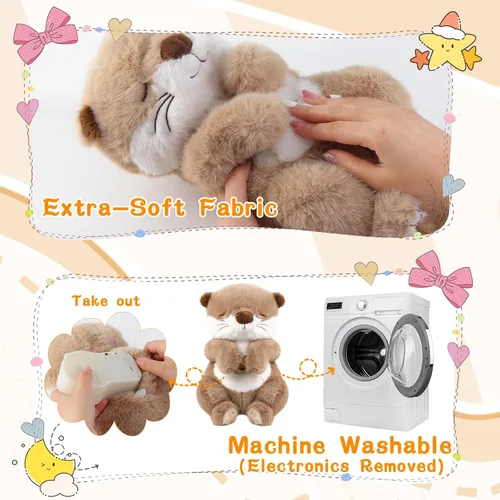 Vista 7 de LUKETURE Peluche de nutria respiratoria con movimiento rítmico, luz nocturna suave y ruido blanco, compañero de peluche calmante para relajación