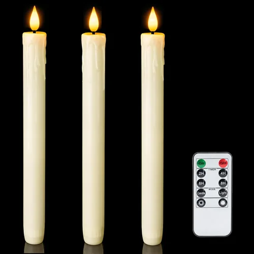 Vista 10 de Homemory Velas cónicas cerosas sin llama de 11 pulgadas con temporizador remoto, 3 velas cónicas que funcionan con pilas con llama parpadeante