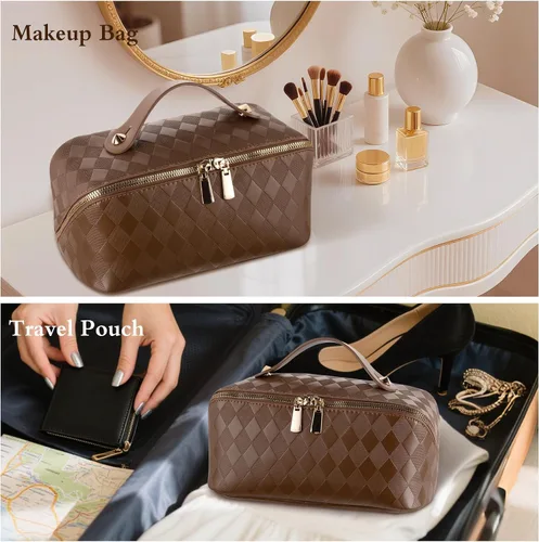 Vista 8 de Abiudeng Bolsa de maquillaje de viaje de gran capacidad para artículos esenciales de viaje, organizador de maquillaje plano abierto con divisor