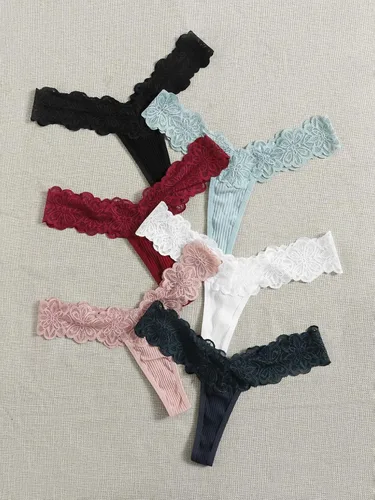 Vista 3 de Verdusa Paquete de 6 tangas elásticas de encaje floral de cintura baja para mujer