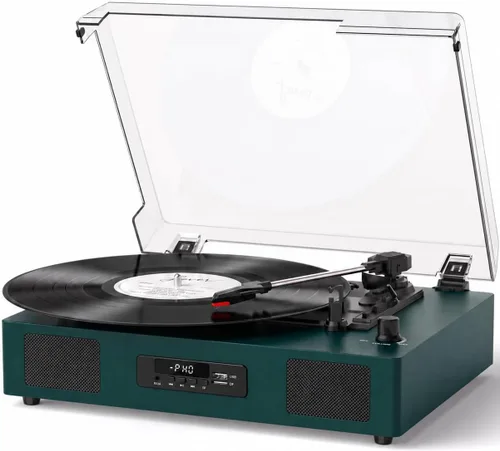 Vista 15 de Tocadiscos de vinilo Bluetooth con dos altavoces incorporados, grabación USB, transmisión por correa, 3 velocidades, tocadiscos para discos de Negro