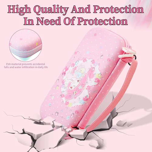 Vista 2 de HYPERCASE Pink Carrying Case for Nintendo Switch Lite, Shockproof Protective Hard Travel Shell with 8 Game Card Slots, Adjustable Shoulder Strap and