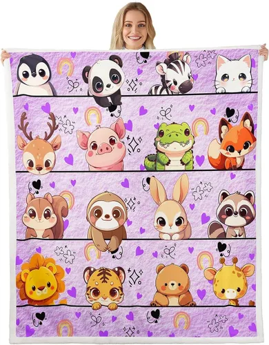 Vista 12 de Manta de franela de animales de dibujos animados para todas las estaciones, manta de cama azul con estampado de amor Kawaii para decoración