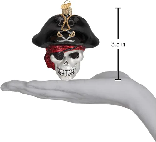 Vista 3 de Old World Christmas - Adorno de Jolly Roger de vidrio soplado para árbol de Navidad, decoración festiva artesanal, colección de Halloween