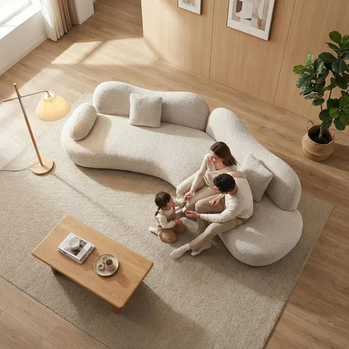 Vista 8 de Moderno sofá modular nórdico curvado para sala de estar, sofá modular beige Boucle de 5 plazas, sofá tapizado de estilo escandinavo sin compresión