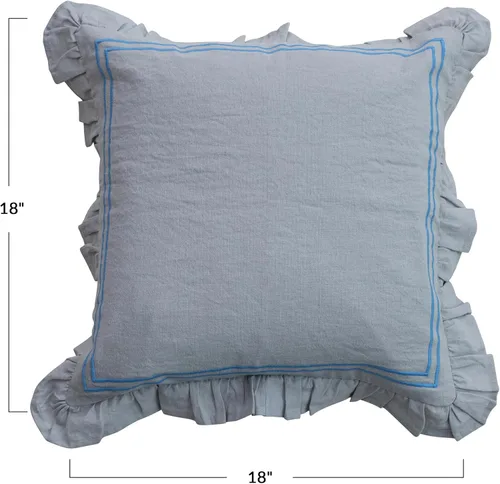 Vista 2 de Creative Co-Op Almohada de algodón y lino con rayas bordadas y volantes, azul