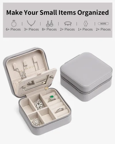 Vista 5 de Vlando Pequeño organizador de joyas de viaje, vitrina para niñas, mujeres, regalo anillos, aretes, collares, almacenamiento con espejo gris