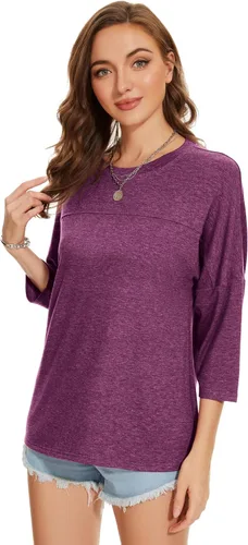 Vista 116 de ZENNILO Camisetas casuales de manga 3/4 para mujer, holgadas, cuello redondo, lindas camisetas básicas