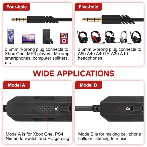 Vista 6 de Cable auxiliar A50 con silencio en línea y control de volumen compatible con Astro A10, A30, A40 TR, A40, A50, cable de auriculares A40