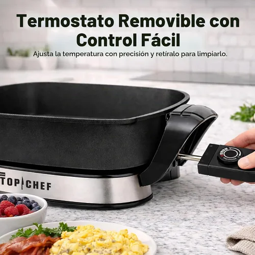 Vista 5 de Top Chef - Sartén eléctrica de 11.4 pulgadas que ahorra espacio con calentamiento rápido de 1200 W, interior antiadherente, tapa de vidrio, control