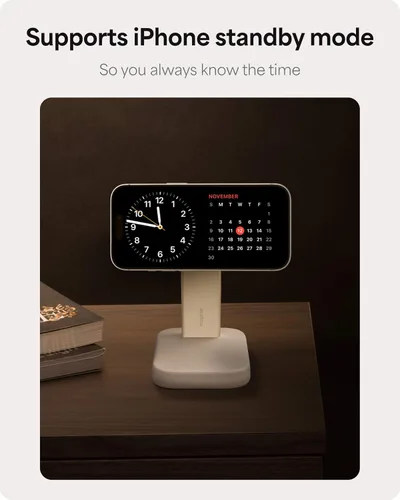 Vista 4 de Mophie Soporte de carga inalámbrico 2 en 1, certificado Qi2, cargador MagSafe para iPhone y Apple Watch, estación de carga rápida con soporte