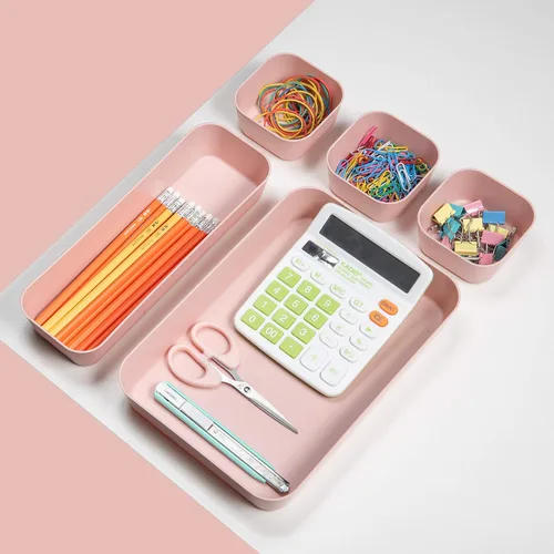 Vista 5 de Backerysupply Juego de 12 organizadores de cajones de escritorio de plástico de color rosa para maquillaje, baño, oficina, cocina, cajón, caja