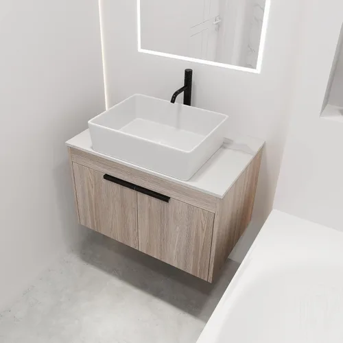 Vista 12 de Tocador de baño flotante con fregadero, armario de baño montado en la pared de 24 pulgadas, tocador de almacenamiento brillante debajo de la unidad
