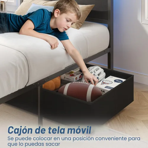 Vista 6 de Fluest - Base de cama individual con cabecero de almacenamiento y cajón de almacenamiento, estación de carga y luz LED, no necesita somier, sin