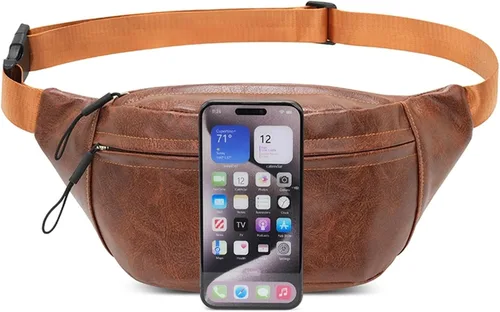 Vista 23 de Ausion Riñonera de cuero para hombres y mujeres, cangurera para senderismo, correr, viajes, múltiples bolsillos - Riñonera con cremalleras Marrón