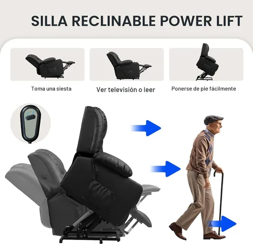 Vista 6 de FLEXISPOT XL31 - Silla reclinable con elevación eléctrica para ancianos, silla elevadora eléctrica con masaje y calor, sofá reclinable de piel Negro