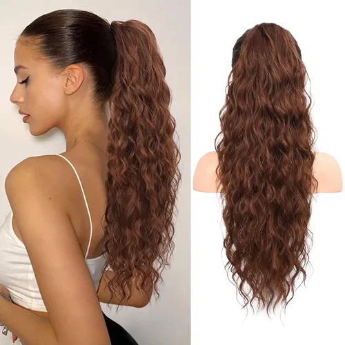 Vista 40 de FLUFYMOOZ Extensión de cola de caballo de 22 pulgadas, extensiones de cabello sintético ondulado largo y rizado para mujer