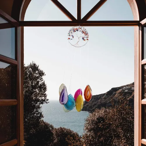Vista 7 de Yoption Campanilla de viento conmemorativa con diseño de árbol de la vida, 7 chakras de cristal natural para decoración del hogar, jardín, 15.7-17.7