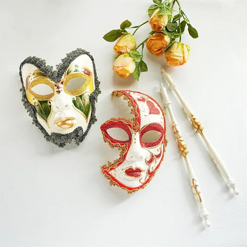 Vista 6 de YU FENG Paquete de 2 máscaras de cosplay para parejas, carnaval musical veneciano, Mardi Gras, máscara de mascarada en un palo para fiesta