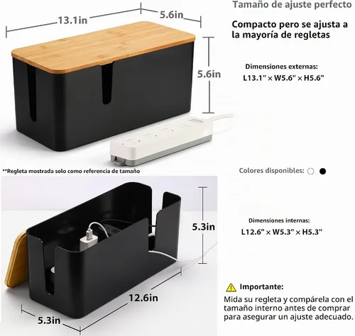 Vista 3 de ZhiYo Caja Organizadora de Cables con Tapa de Bambú, Caja de Gestión de Cables ABS Segura para TV y Computadora, Cubierta de Madera Ocultador