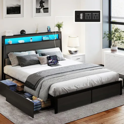 Vista 15 de SADENICEL Base de cama de tamaño matrimonial con almacenamiento, plataforma de cama de madera LED con cabecero, 2 cajones, estación de carga,