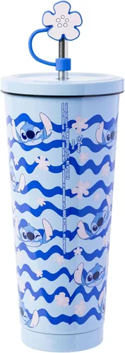Vista 2 de Silver Buffalo Disney Lilo and Stitch, vaso de acero inoxidable, 24 onzas Azul/Blanco