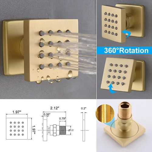 Vista 6 de Sistema de ducha de lluvia de oro cepillado, ducha de cuerpo completo Enga de 12 pulgadas con chorros corporales, juego combinado de ducha moderno