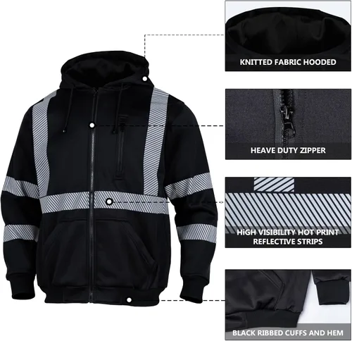 Vista 5 de VENDACE Alta visibilidad ANSI Clase 3 Reflectante de Seguridad Fleece Sudadera con capucha para hombres Hi Vis Sudaderas Chaqueta con cremallera