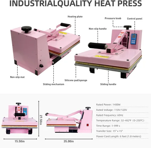 Vista 8 de Máquina manual de prensa térmica de 15 x 15 pulgadas, con base deslizante, rosa para camisetas prendas de vestir bolsa textil cortina mousepad