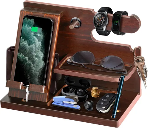 Vista 12 de Regalos para hombres, organizador de mesita de noche, estación de acoplamiento de teléfono de madera, regalos de cumpleaños de papá para él, mesita