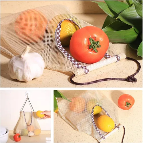 Vista 4 de Bolsas de comestibles reutilizables para verduras, frutas, soporte para mostrador de espacio, bolsa de almacenamiento de red para cebolla, papa