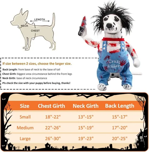 Vista 3 de Ropa de perro asesino, disfraz de perro, disfraces de Halloween para perros, disfraz ajustable de cosplay para perros, divertida peluca de muñeca