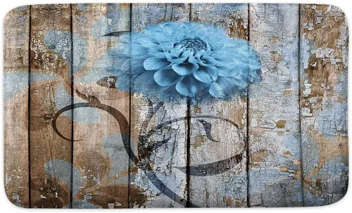 Vista 4 de JAWO Alfombra de baño con flores de granja, dalia en tablones de madera rústica, juego de tapetes de baño con flores azules, en forma de U